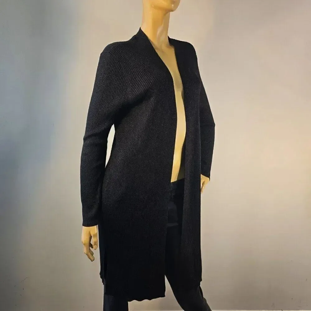 Vince Camuto Womens Rib Knit Open Front Cardigan Black Metallic Shimmer Size M